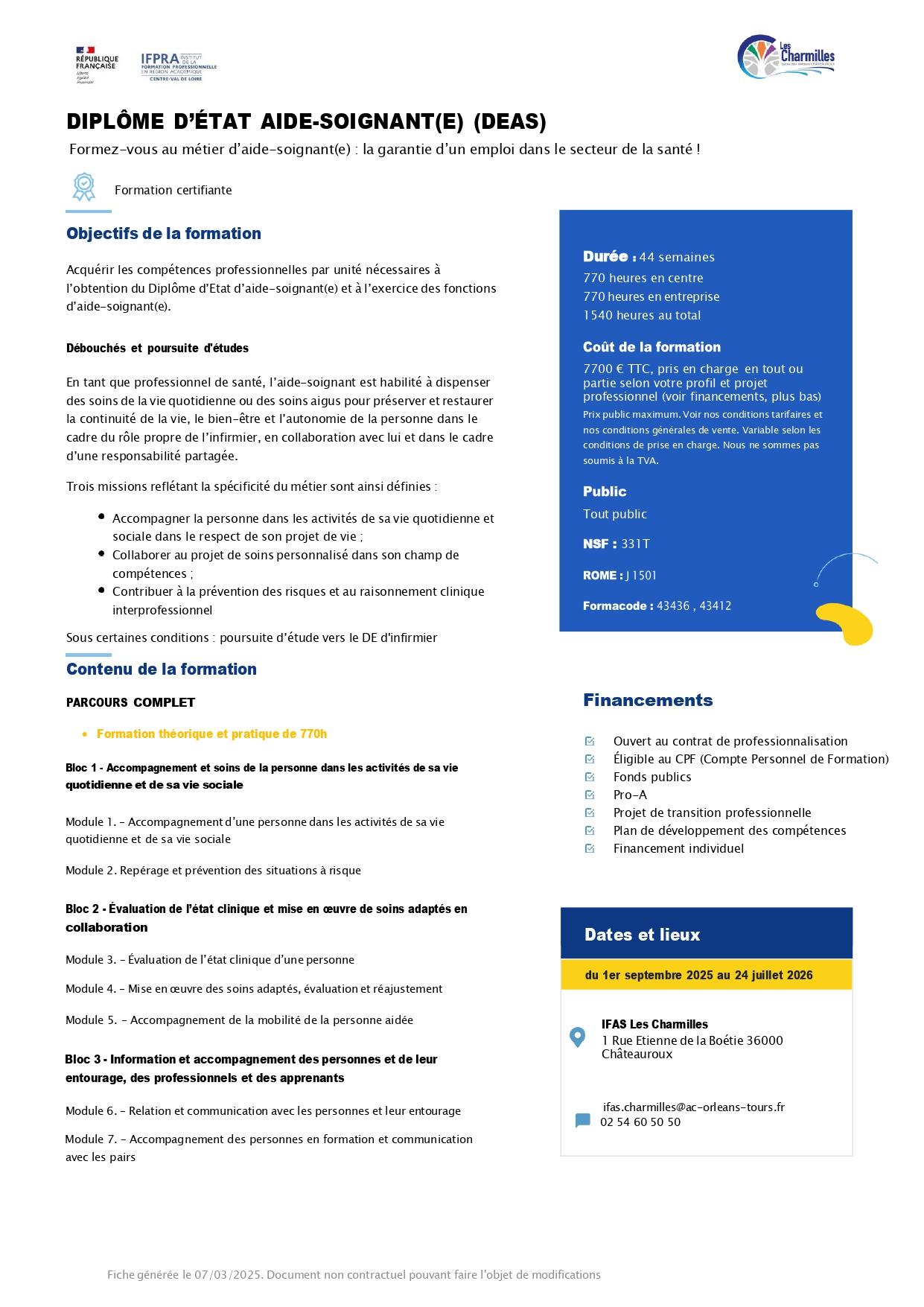 Fiche formation diplome detat aide soignant e deas charmilles page 0001